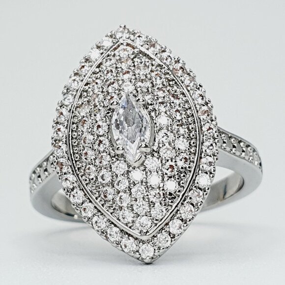 🎁Large Marquis Shiny CZ Royal Court Noble Silver Vintage Ring , UNVN12006 - Picture 4 of 4
